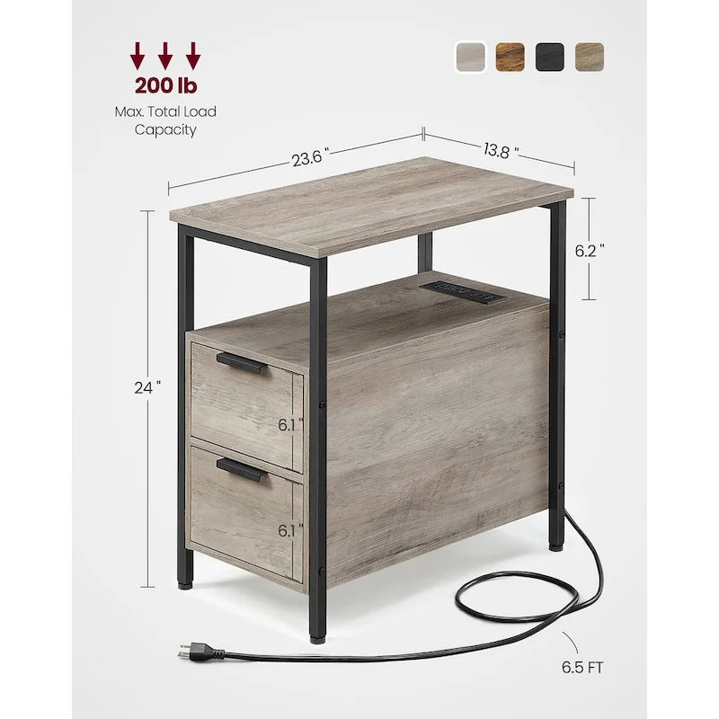 2 Drawers Slim Side End Table Nightstand with 2 Open Shelves and Charging Station for Living Room or Bedroom