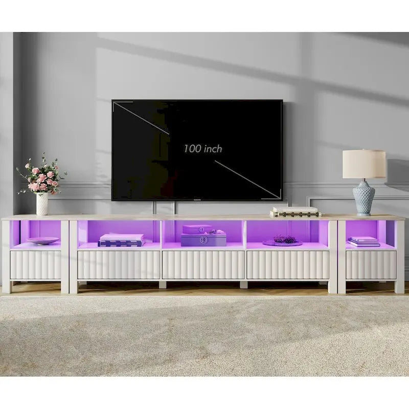 White TV Stand for 65-100 Inch TV with LED Light, Modern TV Console