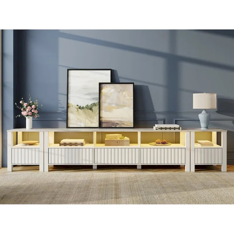 White TV Stand for 65-100 Inch TV with LED Light, Modern TV Console