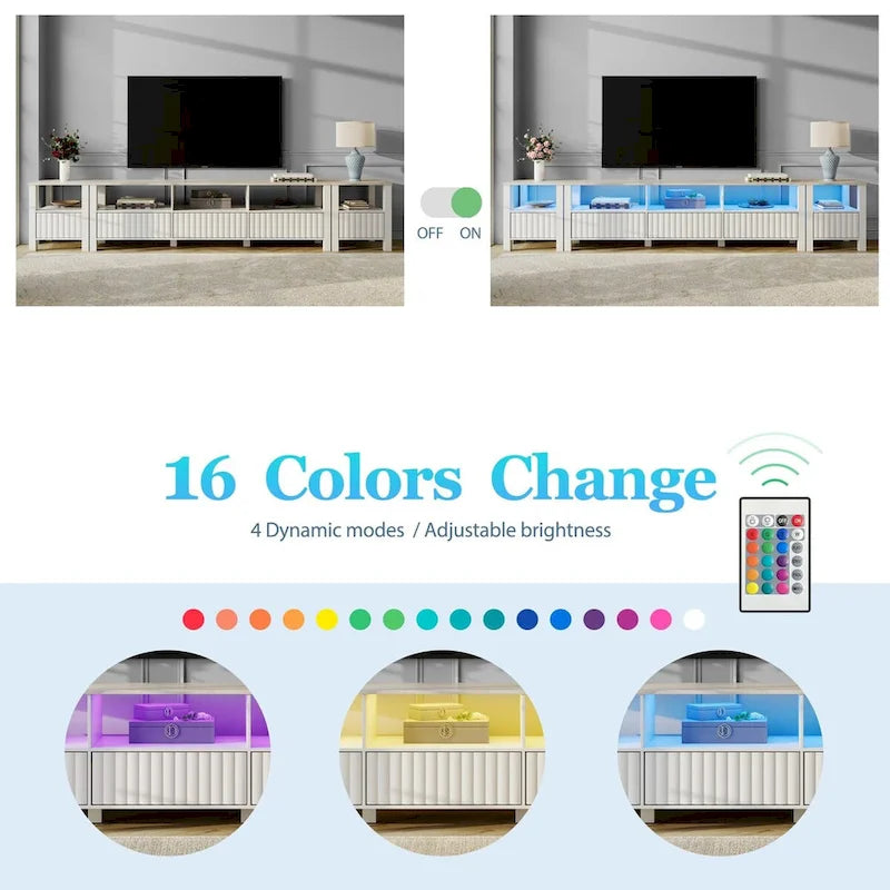 White TV Stand for 65-100 Inch TV with LED Light, Modern TV Console