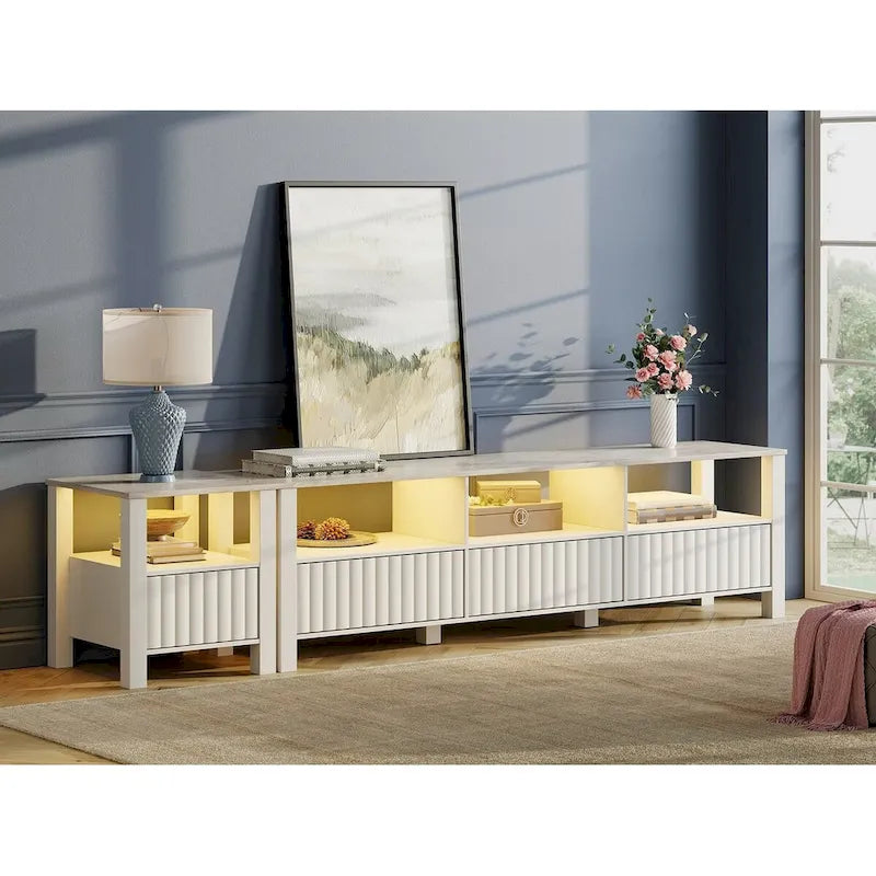 White TV Stand for 65-100 Inch TV with LED Light, Modern TV Console