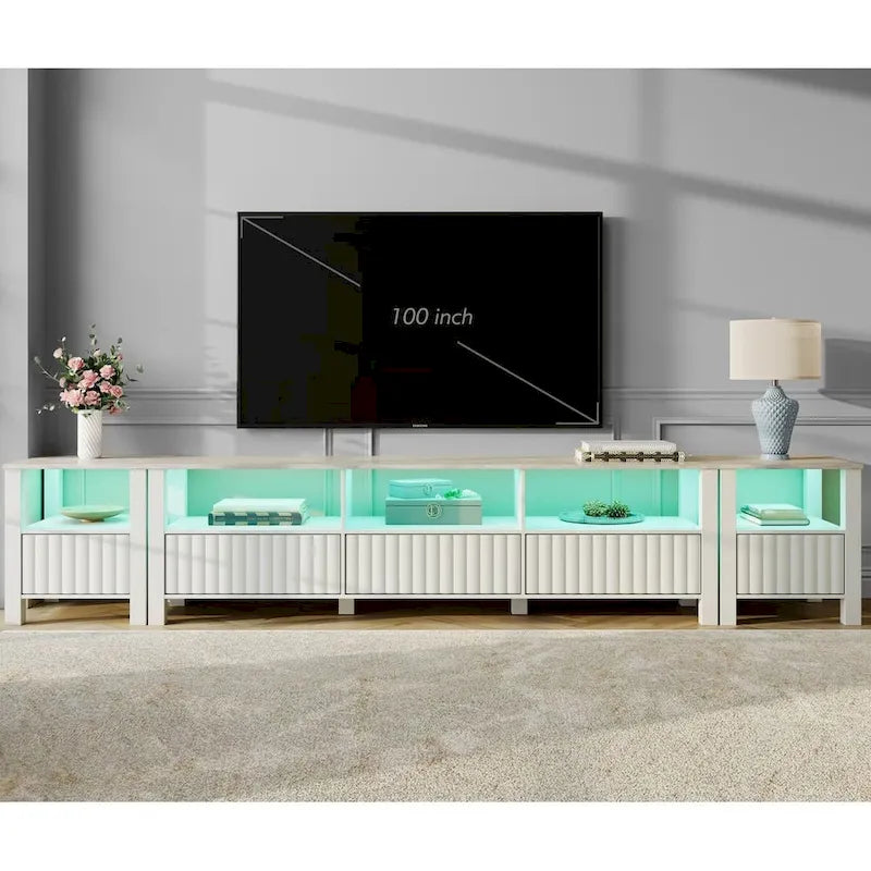 White TV Stand for 65-100 Inch TV with LED Light, Modern TV Console