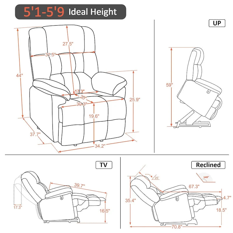 MCombo Power Lift Recliner Chair with Massage, Heat, Adjustable Headrest, Extended Footrest-(PU/Fabric)