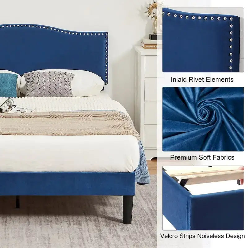 VECELO, Upholstered Platform Bed Frame with Nailhead Headboard Twin Full Queen Size Bed-Blue