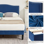 VECELO, Upholstered Platform Bed Frame with Nailhead Headboard Twin Full Queen Size Bed-Blue