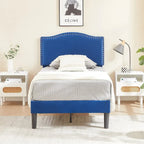 VECELO, Upholstered Platform Bed Frame with Nailhead Headboard Twin Full Queen Size Bed-Blue