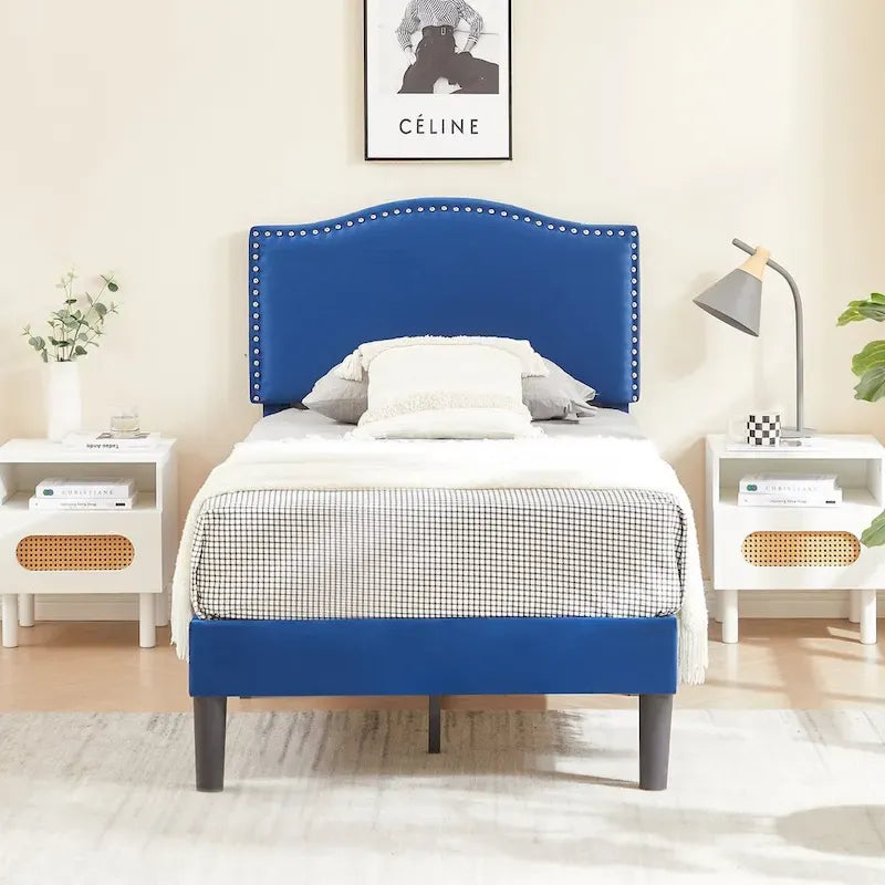 VECELO, Upholstered Platform Bed Frame with Nailhead Headboard Twin Full Queen Size Bed-Blue