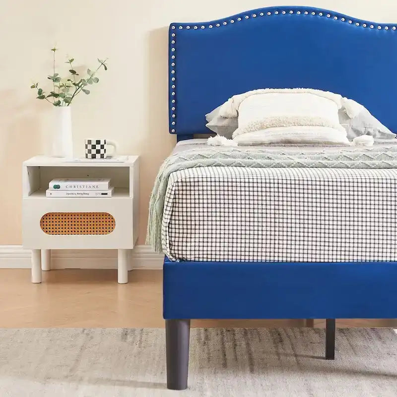 VECELO, Upholstered Platform Bed Frame with Nailhead Headboard Twin Full Queen Size Bed-Blue