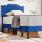 VECELO, Upholstered Platform Bed Frame with Nailhead Headboard Twin Full Queen Size Bed-Blue