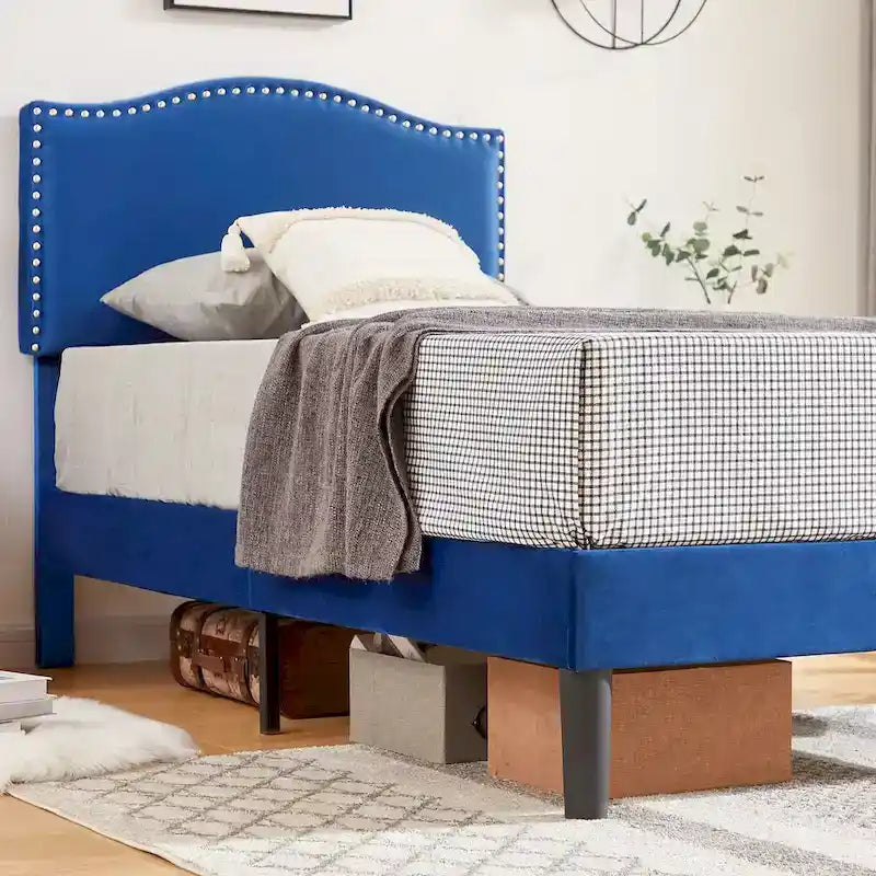 VECELO, Upholstered Platform Bed Frame with Nailhead Headboard Twin Full Queen Size Bed-Blue
