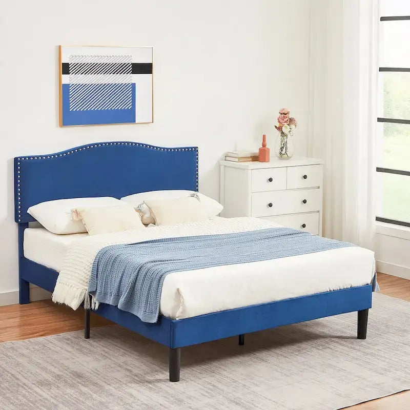 VECELO, Upholstered Platform Bed Frame with Nailhead Headboard Twin Full Queen Size Bed-Blue