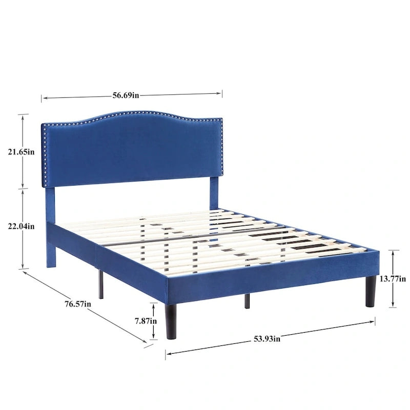 VECELO, Upholstered Platform Bed Frame with Nailhead Headboard Twin Full Queen Size Bed-Blue