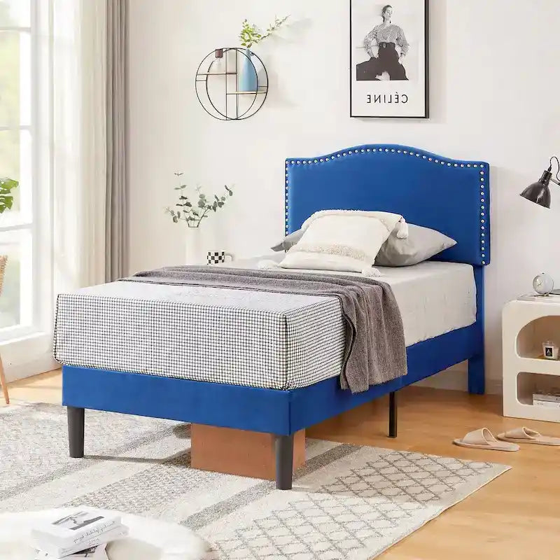 VECELO, Upholstered Platform Bed Frame with Nailhead Headboard Twin Full Queen Size Bed-Blue