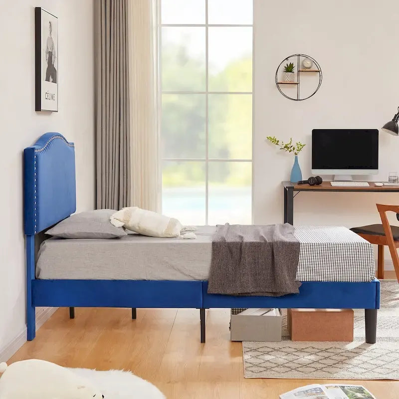 VECELO, Upholstered Platform Bed Frame with Nailhead Headboard Twin Full Queen Size Bed-Blue