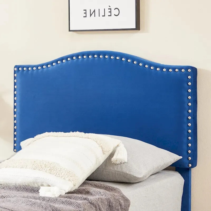 VECELO, Upholstered Platform Bed Frame with Nailhead Headboard Twin Full Queen Size Bed-Blue
