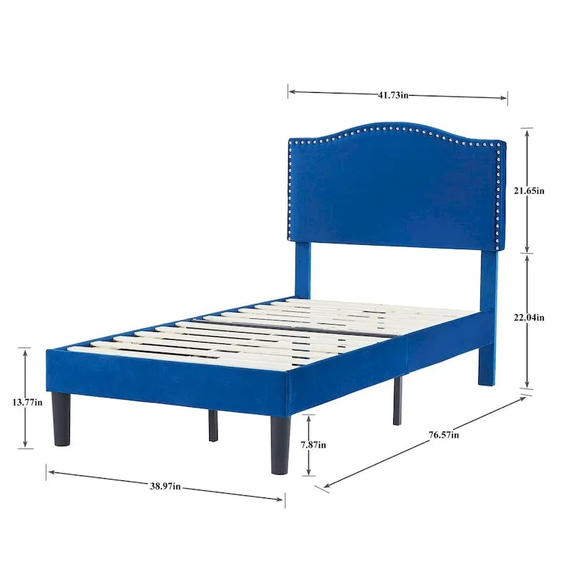 VECELO, Upholstered Platform Bed Frame with Nailhead Headboard Twin Full Queen Size Bed-Blue