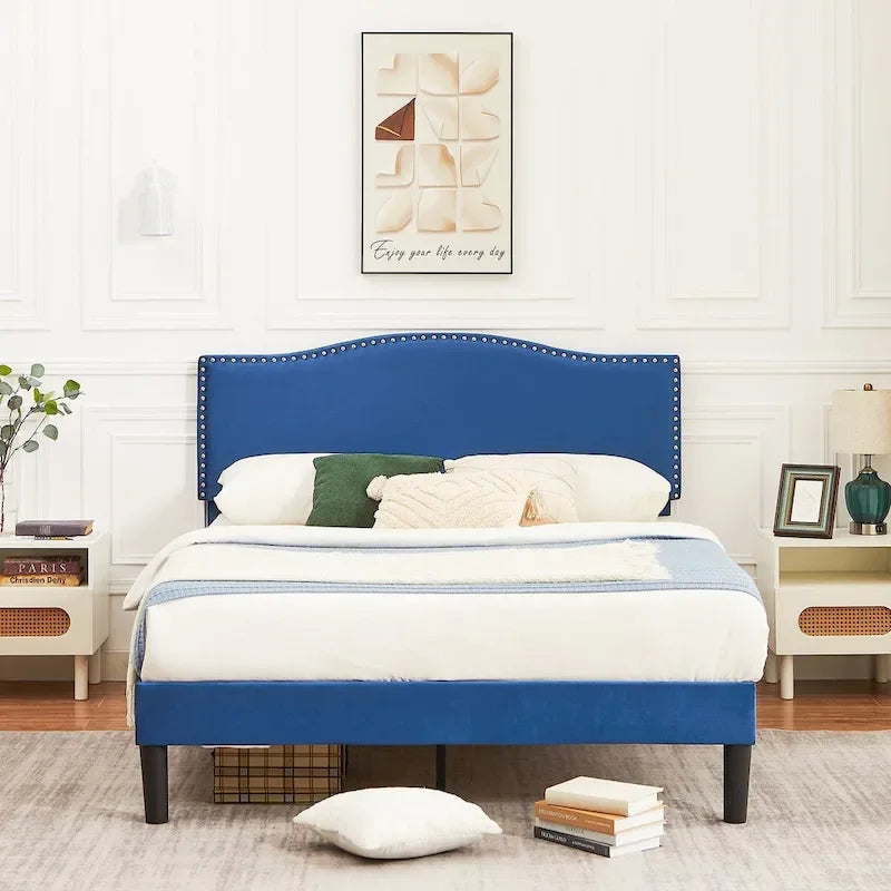 VECELO, Upholstered Platform Bed Frame with Nailhead Headboard Twin Full Queen Size Bed-Blue