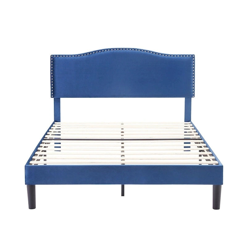 VECELO, Upholstered Platform Bed Frame with Nailhead Headboard Twin Full Queen Size Bed-Blue