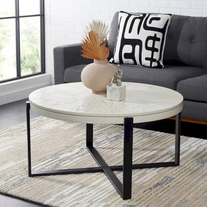 SAFAVIEH Deetta White Marble/ Black Round Coffee Table - 36 W x 36 D x 18 H - 36Wx36Dx18H