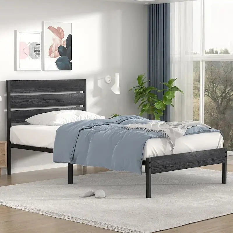 Javlergo Platform Bed Frame with Wood Headboard, Strong Metal Slats Support/No Box Spring Needed, Black