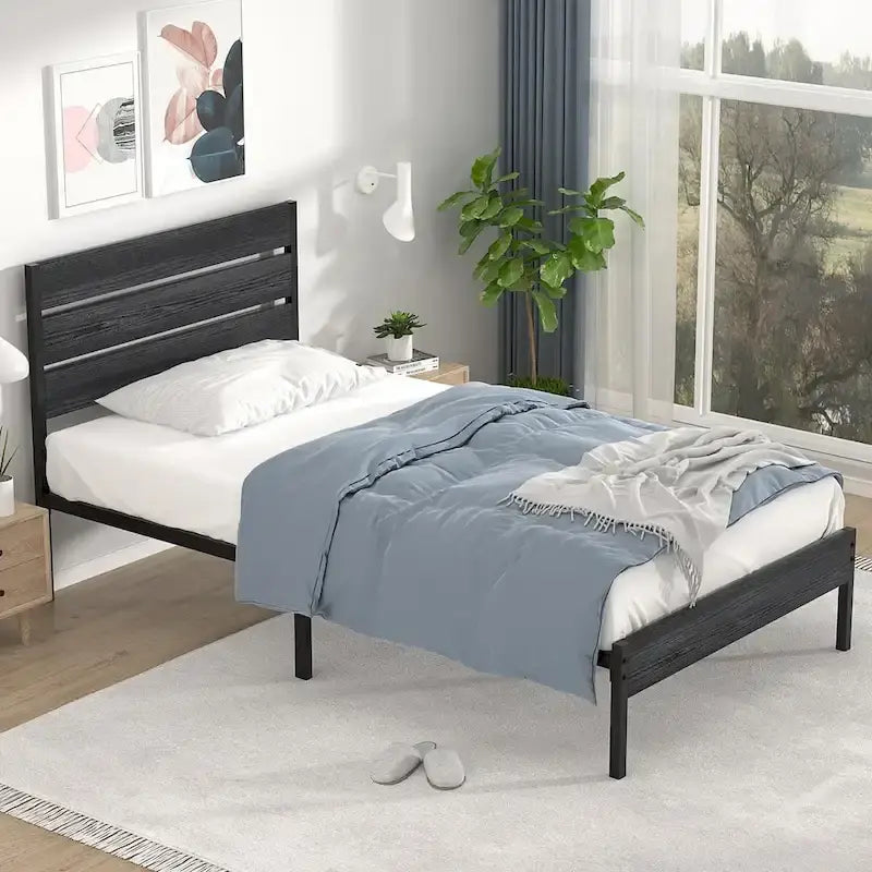 Javlergo Platform Bed Frame with Wood Headboard, Strong Metal Slats Support/No Box Spring Needed, Black