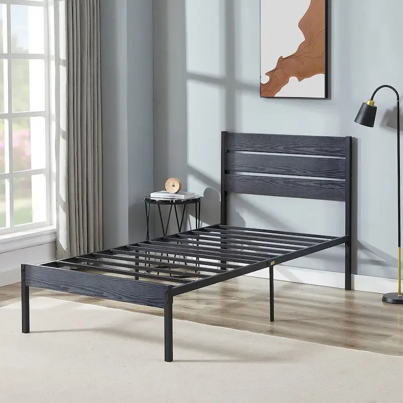 Javlergo Platform Bed Frame with Wood Headboard, Strong Metal Slats Support/No Box Spring Needed, Black