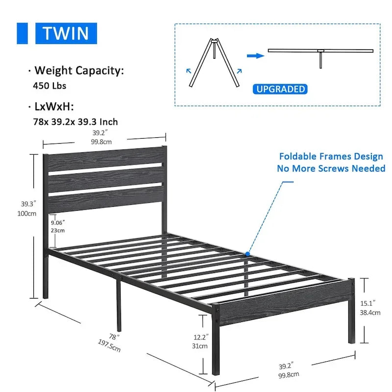 Javlergo Platform Bed Frame with Wood Headboard, Strong Metal Slats Support/No Box Spring Needed, Black