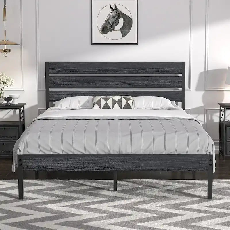 Javlergo Platform Bed Frame with Wood Headboard, Strong Metal Slats Support/No Box Spring Needed, Black