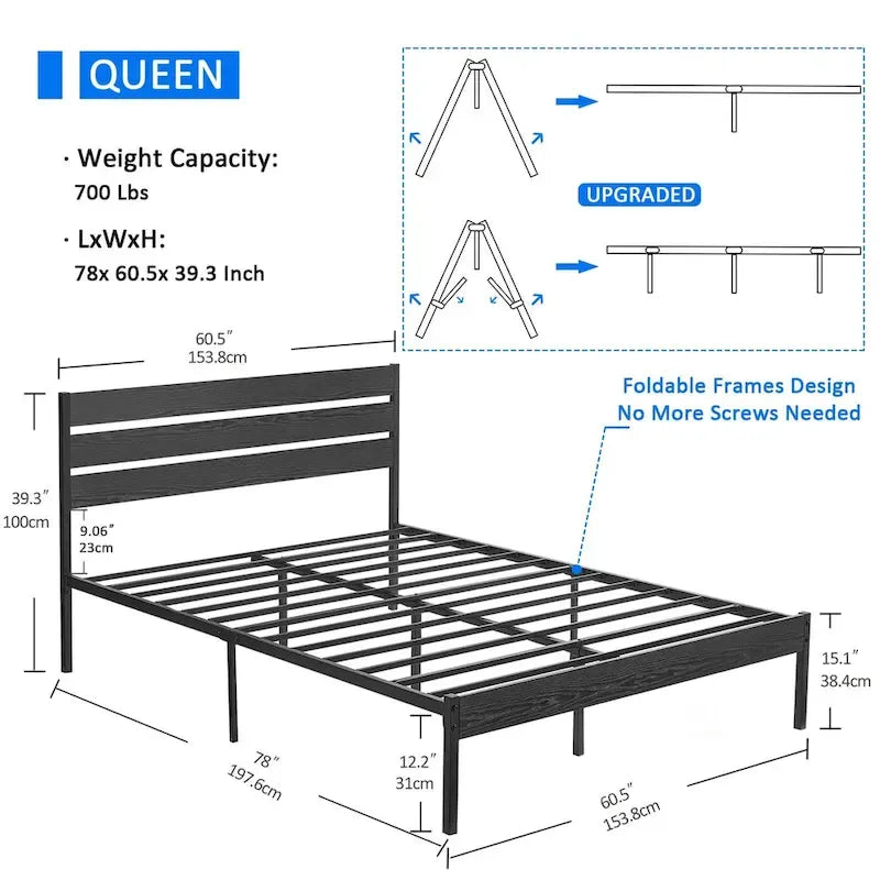 Javlergo Platform Bed Frame with Wood Headboard, Strong Metal Slats Support/No Box Spring Needed, Black