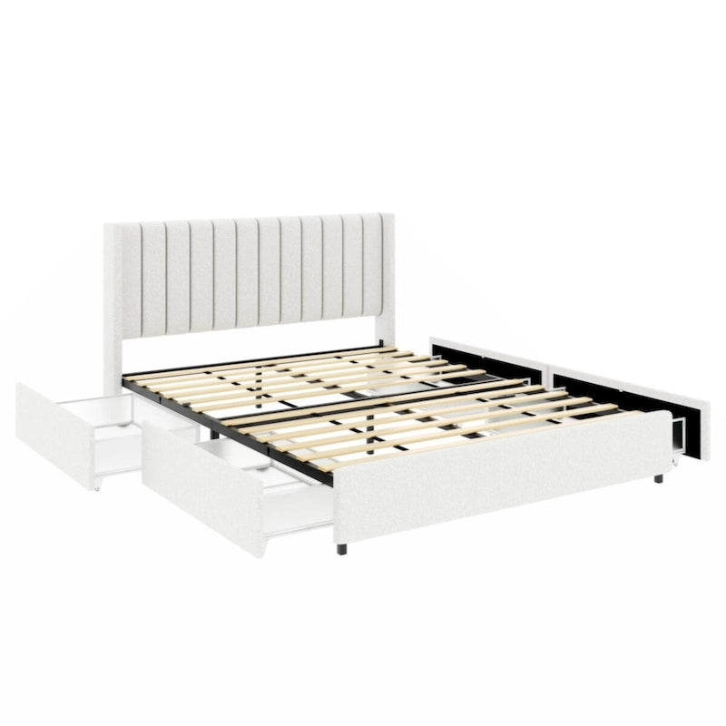 Ivory Upholstered Platform Bed with 4 Drawers Storage, Queen Size