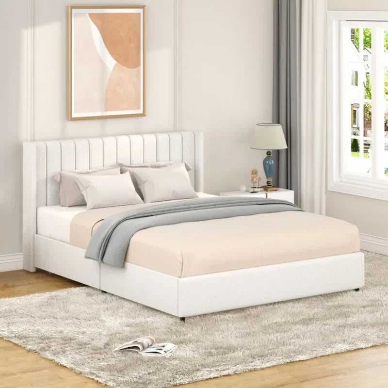 Ivory Upholstered Platform Bed with 4 Drawers Storage, Queen Size