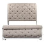 Magnolia Manor Antique White & Weathered Bark Upholstered Sleigh Bed, Dresser and Mirror, and Nightstand Set