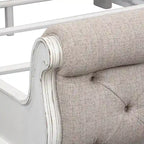 Magnolia Manor Antique White & Weathered Bark Upholstered Sleigh Bed, Dresser and Mirror, and Nightstand Set
