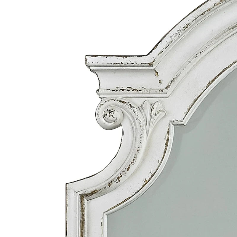 Magnolia Manor Antique White & Weathered Bark Upholstered Sleigh Bed, Dresser and Mirror, and Nightstand Set