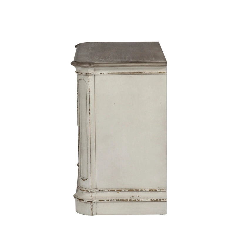 Magnolia Manor Antique White & Weathered Bark Upholstered Sleigh Bed, Dresser and Mirror, and Nightstand Set