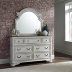 Magnolia Manor Antique White & Weathered Bark Upholstered Sleigh Bed, Dresser and Mirror, and Nightstand Set