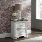 Magnolia Manor Antique White & Weathered Bark Upholstered Sleigh Bed, Dresser and Mirror, and Nightstand Set
