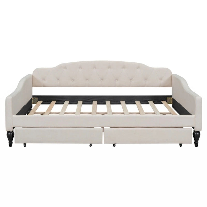 Full Size Upholstered Tufted Daybed with Two Drawers, Beige