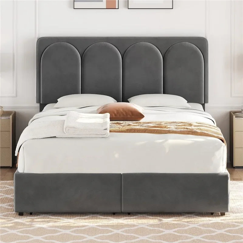 Yaheetech Upholstered Bed Fram with Arch Channel Tufted Headboard and 4 Drawers Storage
