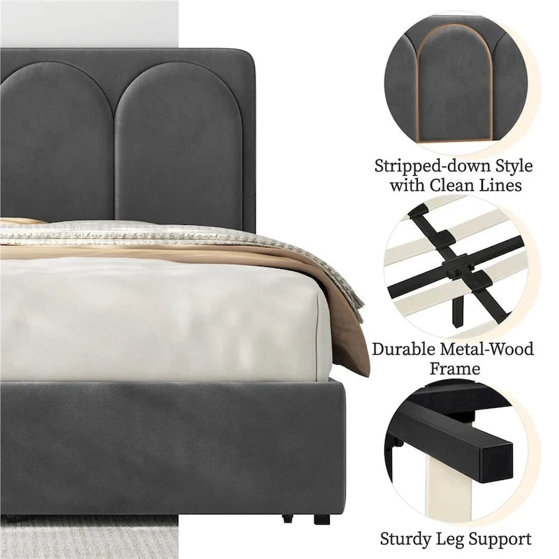 Yaheetech Upholstered Bed Fram with Arch Channel Tufted Headboard and 4 Drawers Storage