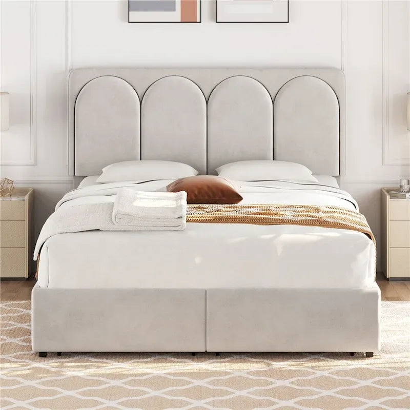 Yaheetech Upholstered Bed Fram with Arch Channel Tufted Headboard and 4 Drawers Storage