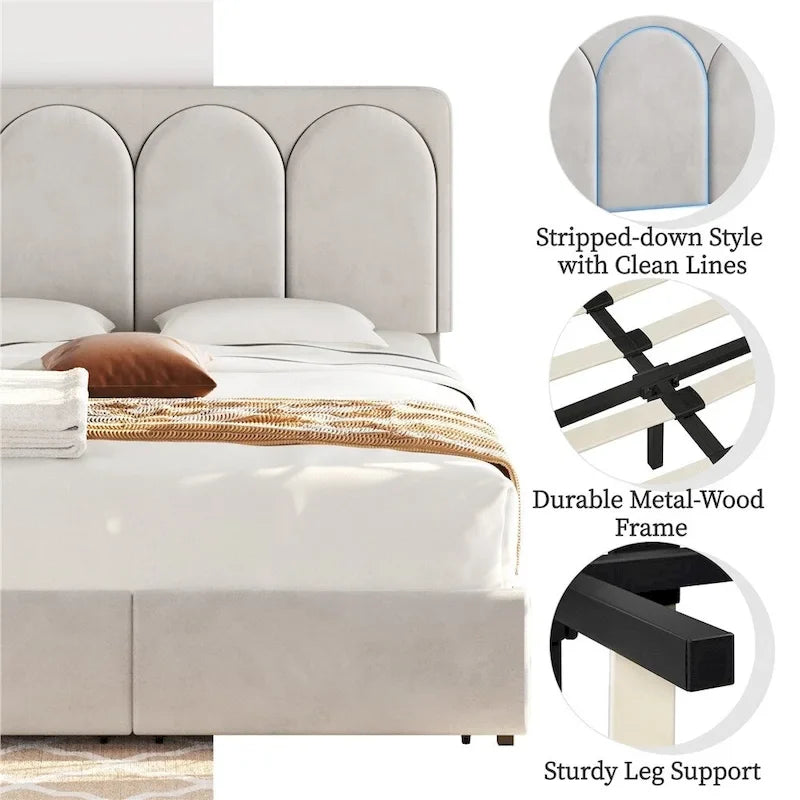 Yaheetech Upholstered Bed Fram with Arch Channel Tufted Headboard and 4 Drawers Storage