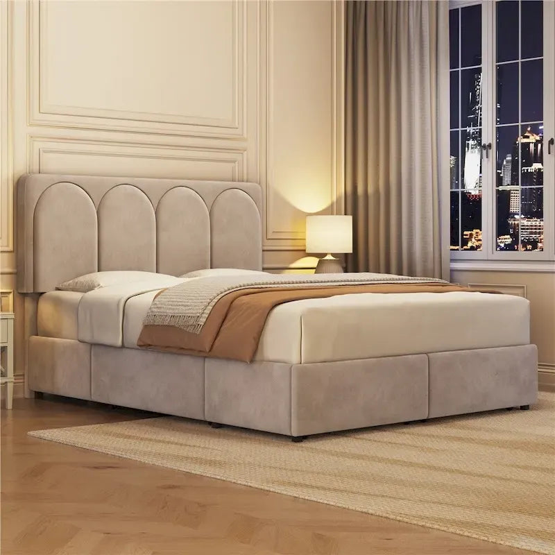 Yaheetech Upholstered Bed Fram with Arch Channel Tufted Headboard and 4 Drawers Storage