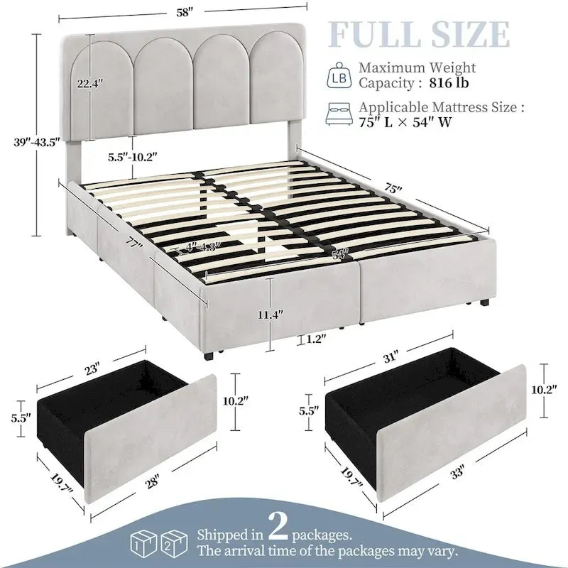 Yaheetech Upholstered Bed Fram with Arch Channel Tufted Headboard and 4 Drawers Storage