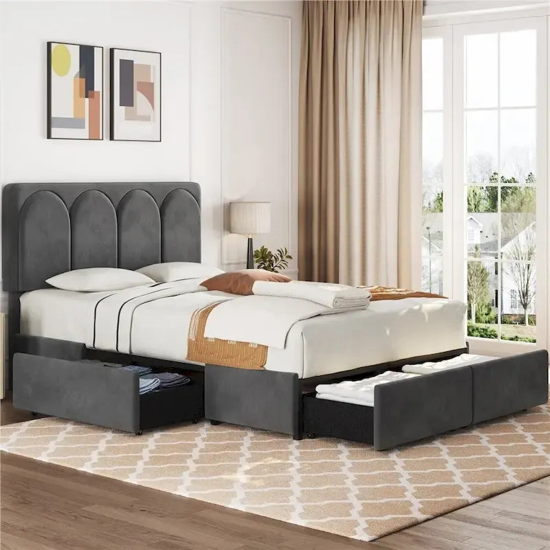 Yaheetech Upholstered Bed Fram with Arch Channel Tufted Headboard and 4 Drawers Storage