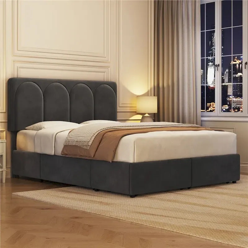 Yaheetech Upholstered Bed Fram with Arch Channel Tufted Headboard and 4 Drawers Storage