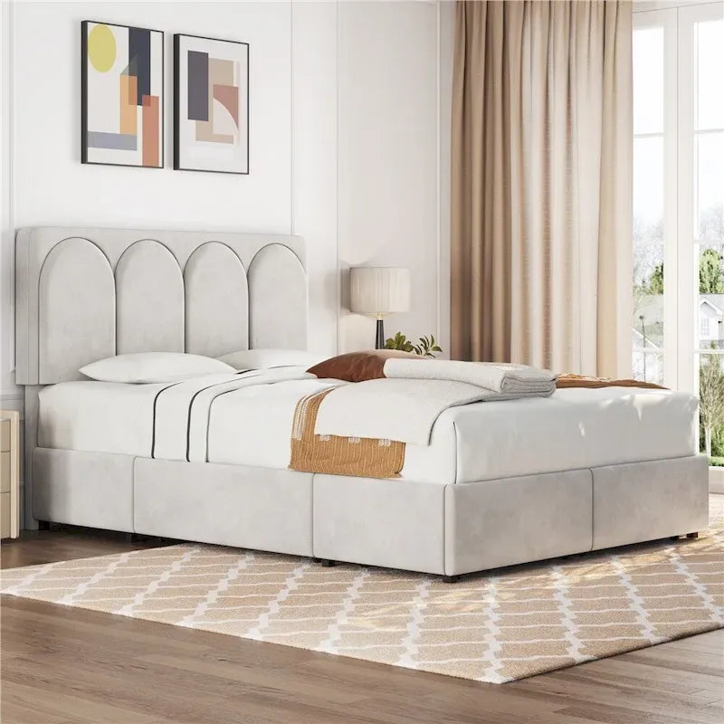 Yaheetech Upholstered Bed Fram with Arch Channel Tufted Headboard and 4 Drawers Storage