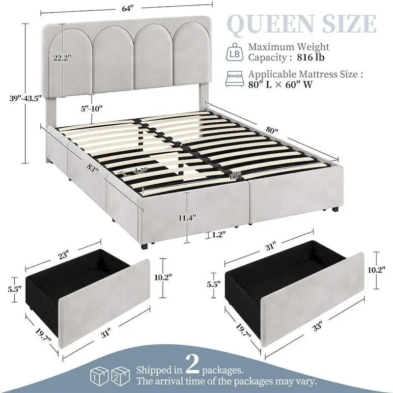 Yaheetech Upholstered Bed Fram with Arch Channel Tufted Headboard and 4 Drawers Storage