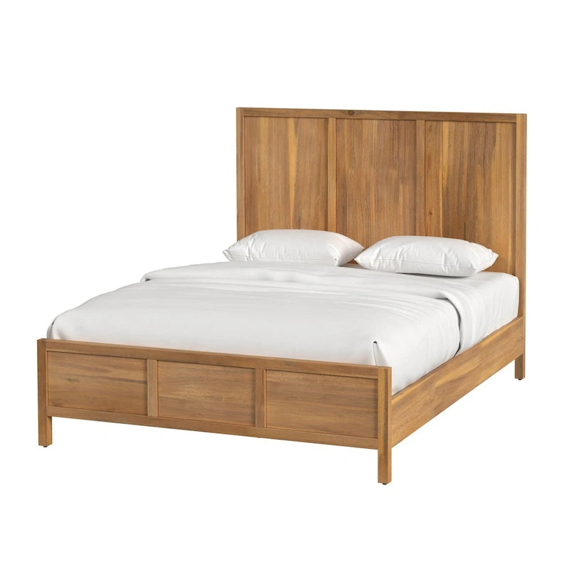 Natural Wood Panel Bed - Queen Size 3-Panel Shaker