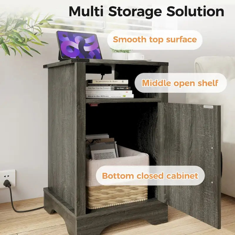 Farmhouse Nightstand with Charging Station and Barn Door